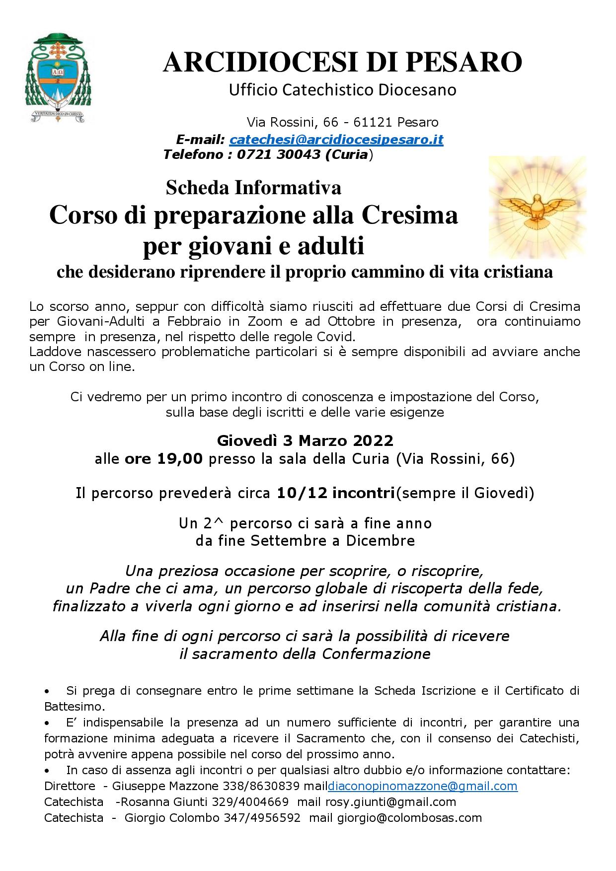 CORSO DI PREPARAZIONE ALLA CONFERMAZIONE PER GIOVANI E ADULTI