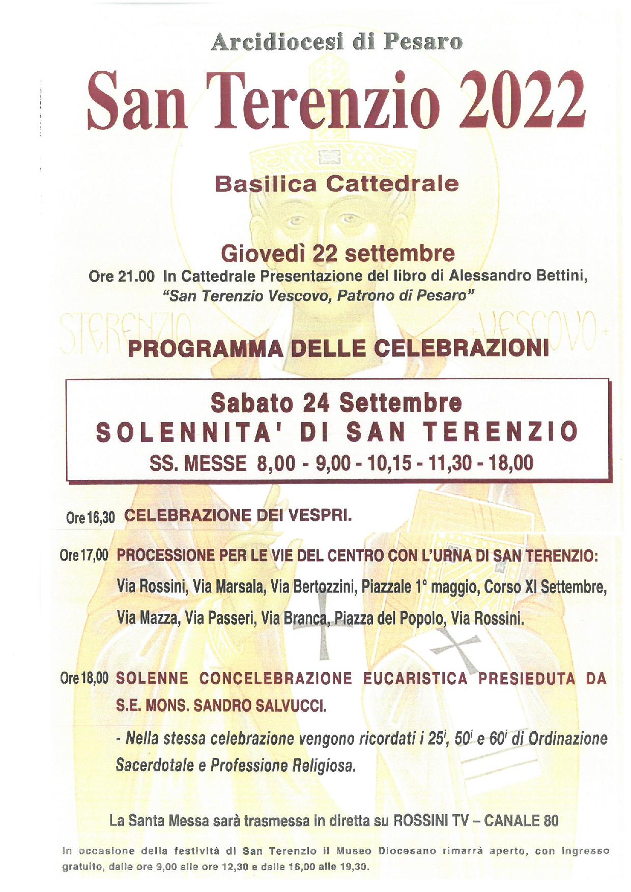 SOLENNITA’ DI SAN TERENZIO, patrono di Pesaro – 24 settembre 2022 – Programma delle celebrazioni