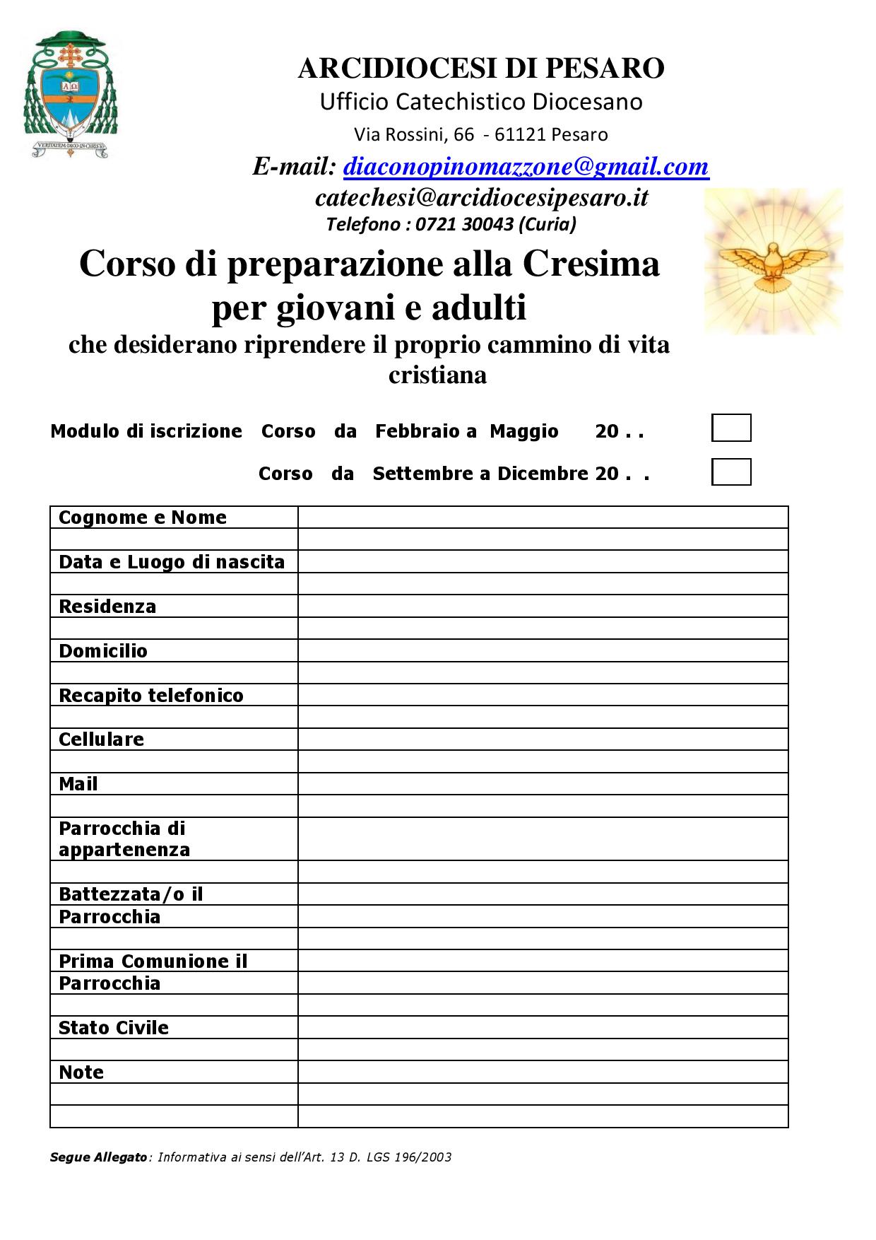 SCHEDA ISCRIZIONE PER CORSO DI PREPARAZIONE ALLA CRESIMA PER GIOVANI E ADULTI