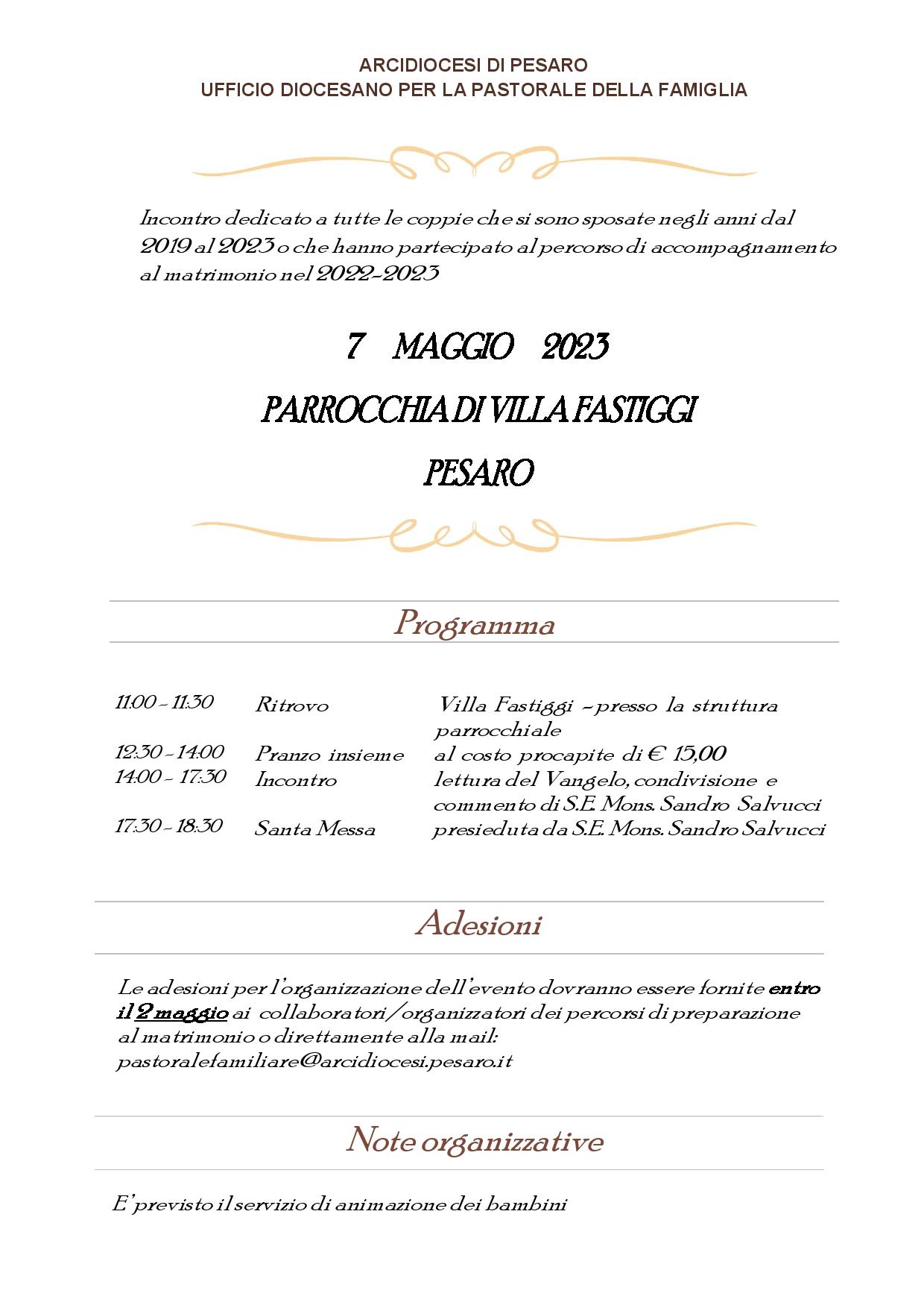 UFFICIO PASTORALE FAMILIARE – 7 maggio 2023 – Incontro a Villa Fastiggi per coppie sposate tra il 2019 e il 2023 o partecipanti al corso di preparazione al matrimonio 2022-2023