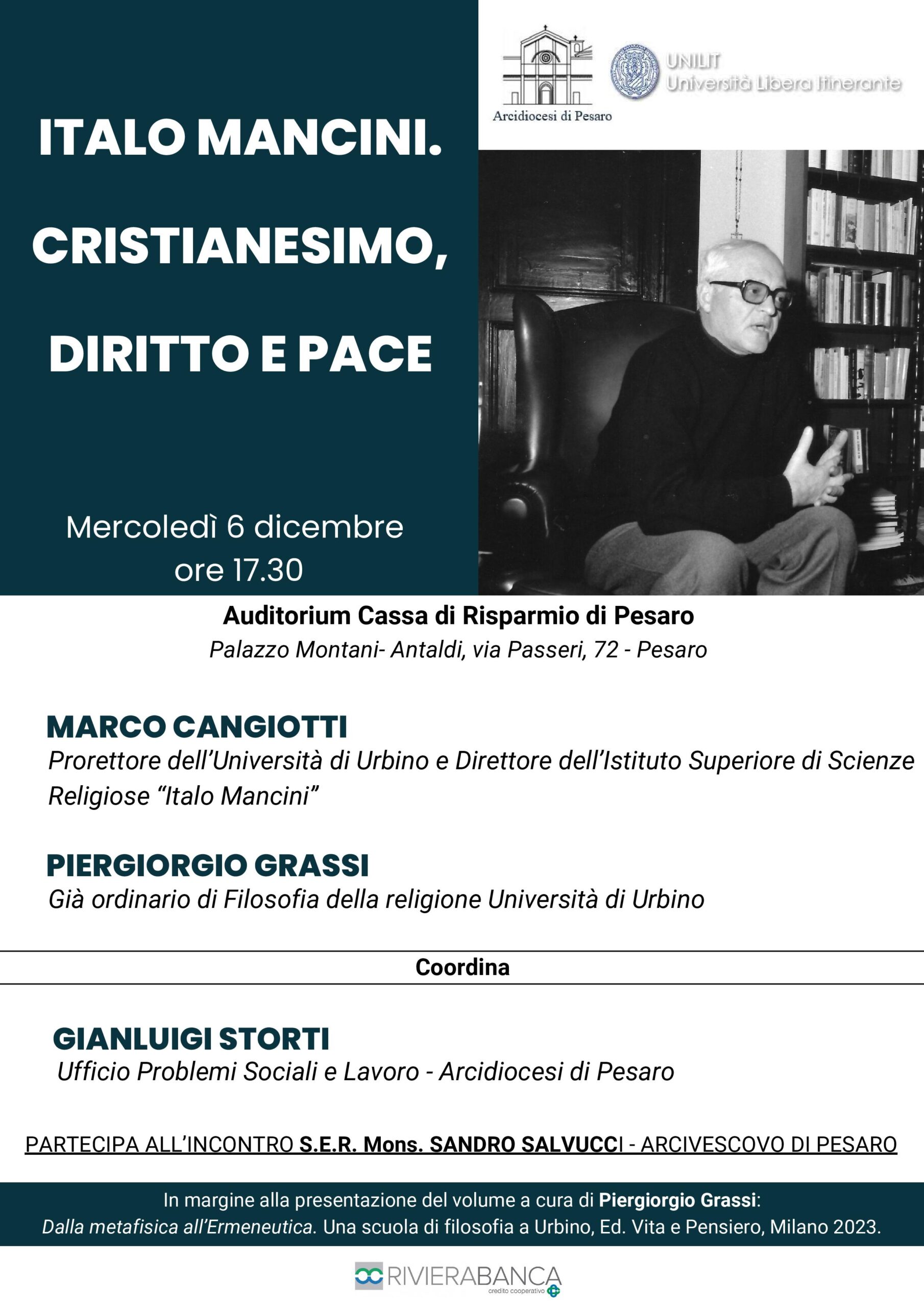 ITALO MANCINI- CRISTIANESIMO, DIRITTO E PACE – Mercoledì 6 dicembre 2023, ore 17.30 – Palazzo Antaldi