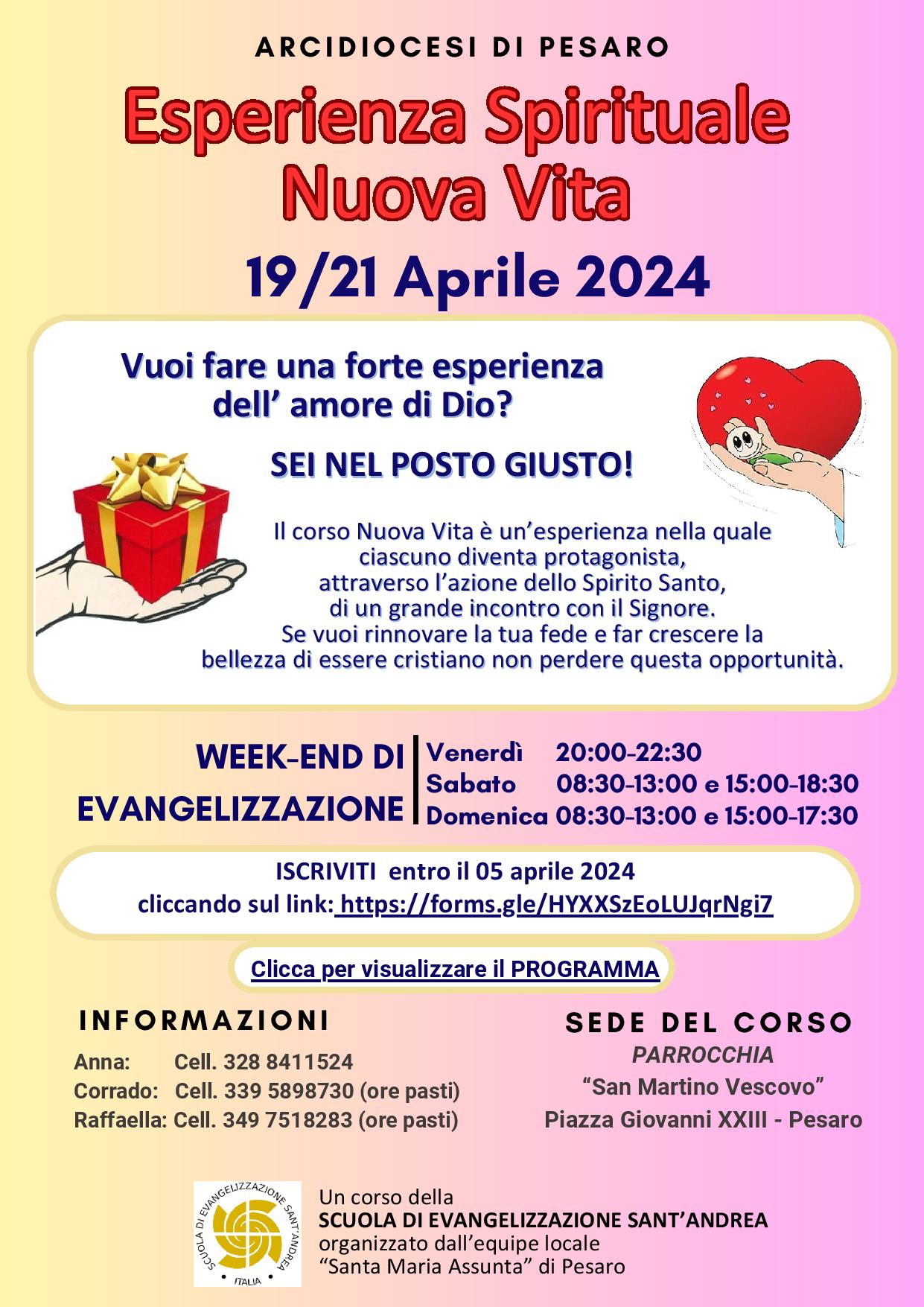 ESPERIENZA SPIRITUALE NUOVA VITA – 19/21 Aprile 2024 – Parrocchia S. Martino Vescovo