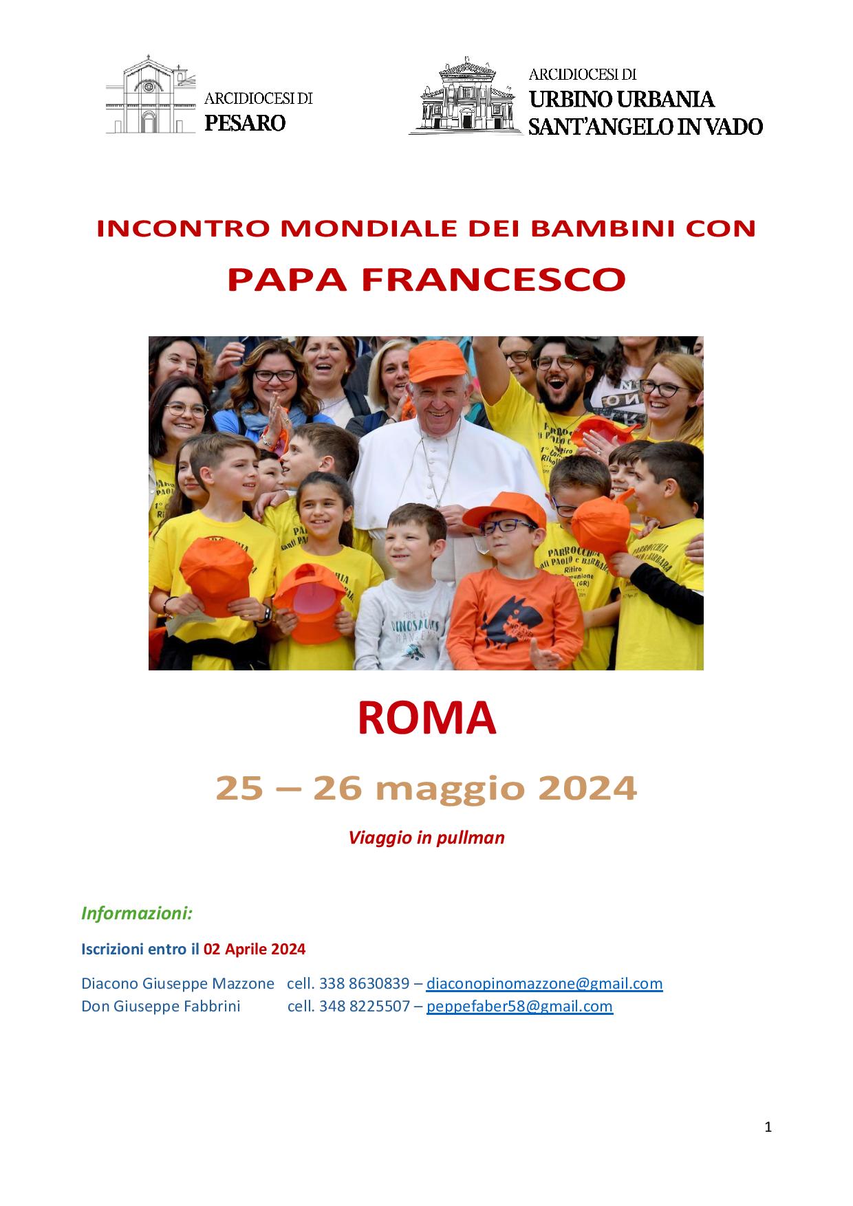PRIMA GIORNATA MONDIALE DEI BAMBINI A ROMA  – Sabato 25 e domenica 26 maggio 2024 – INDICAZIONI PER PARTECIPARE
