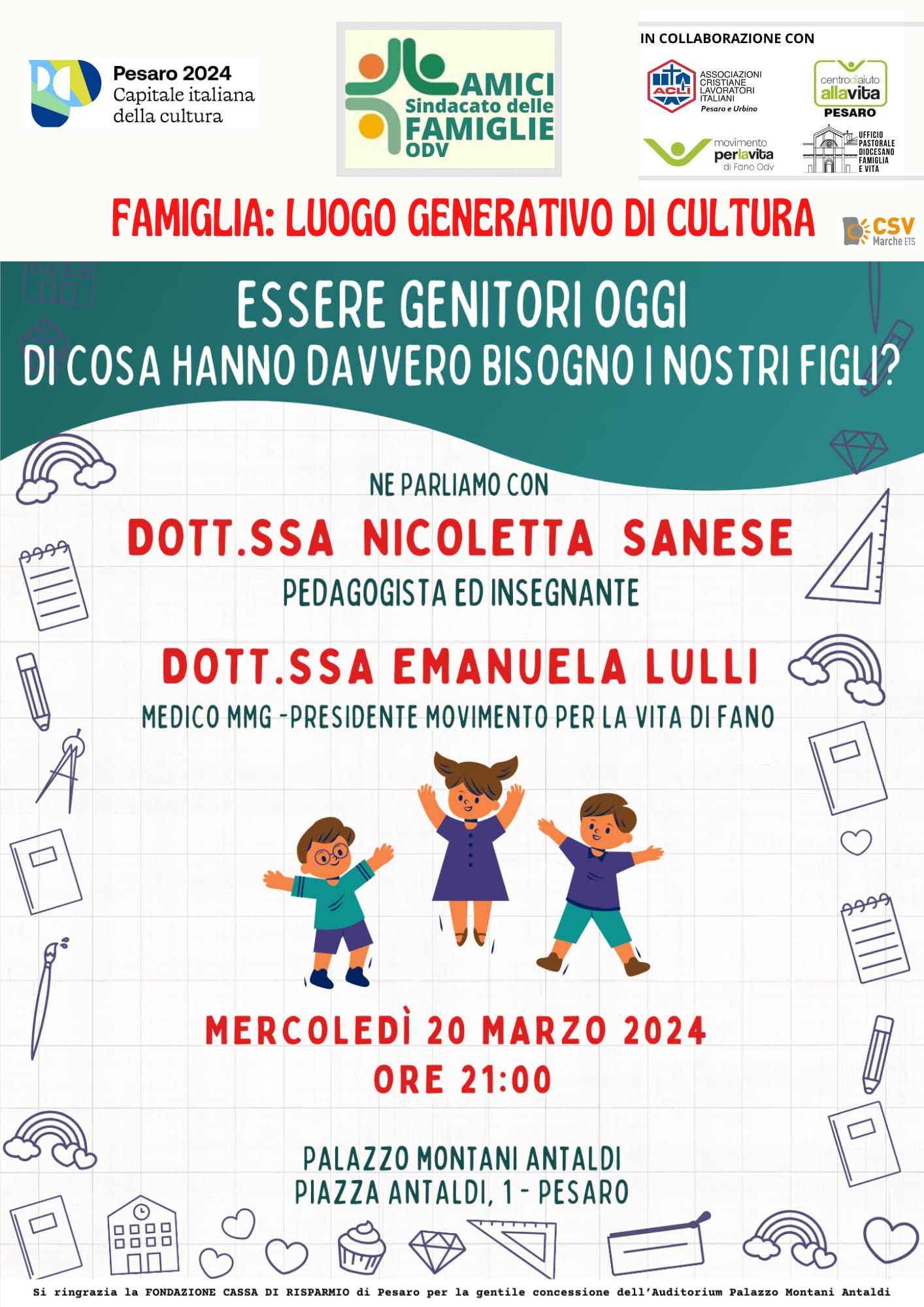 AMICI SINDACATO DELLE FAMIGLIE – Essere genitori oggi – Palazzo Antaldi – 20 marzo 2024, ore 21.00