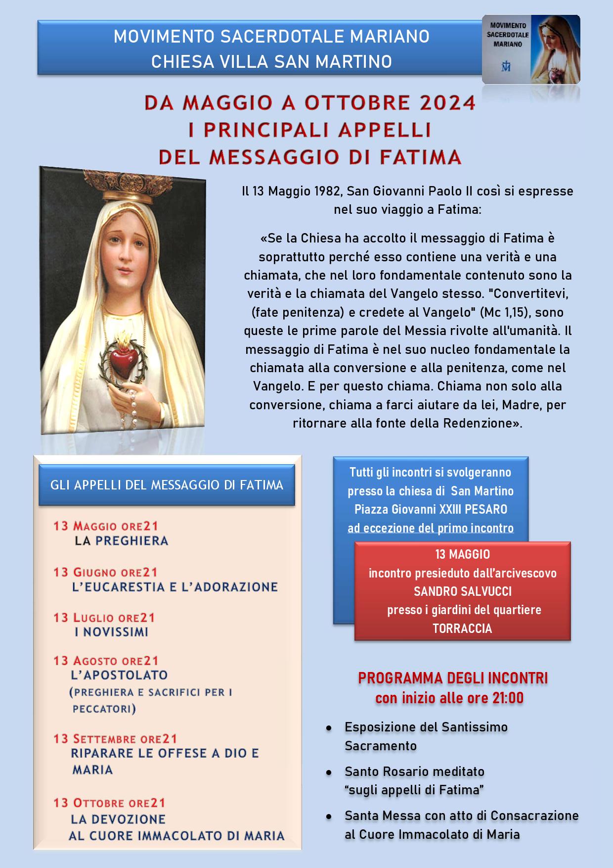 MOVIMENTO SACERDOTALE MARIANO – I principali appelli del Messaggio di Fatima – Chiesa di Villa San Martino – da maggio a ottobre 2024