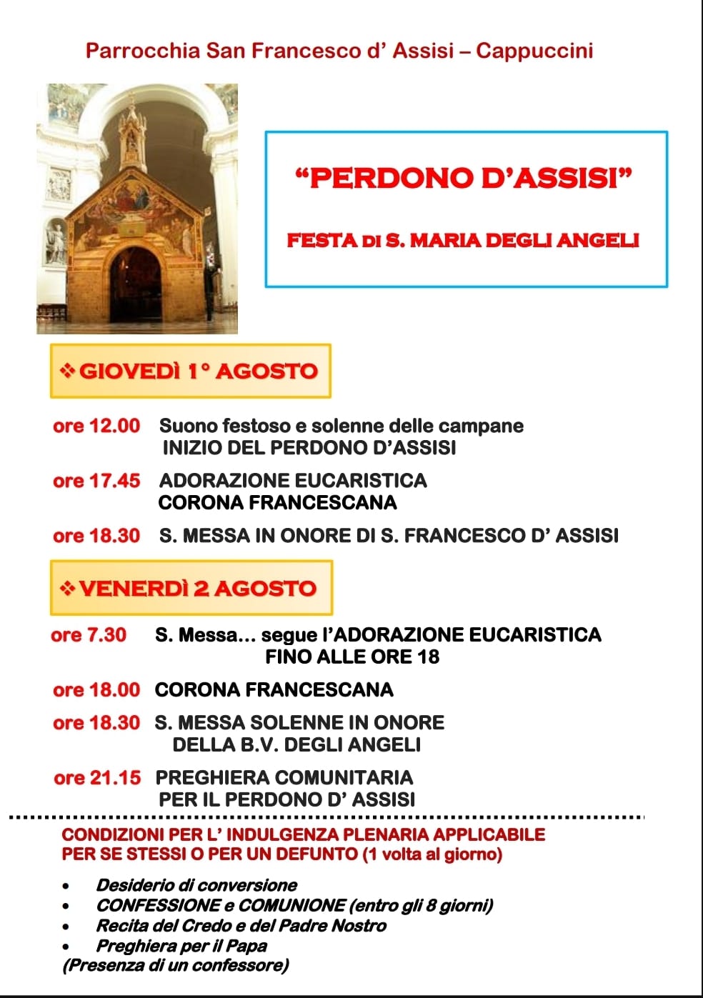 PARROCCHIA S. FRANCESCO D’ASSISI – CAPPUCCINI – Perdono di Assisi – 1-2 agosto 2024